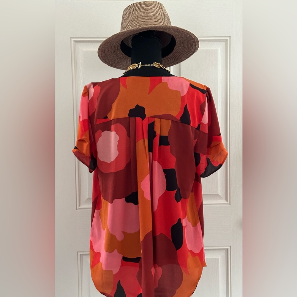 DR2 Mod Floral Short Sleeve Blouse in Coral & Pink Tones, L - Picture 5 of 8